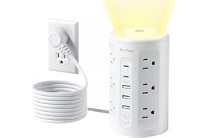 AnnTane Power Strip Tower with Night Light, Surge Protector Power Strip with USB Ports, 10 FT Extension Cord with Multiple Outlets (12AC+3A+2C) for Home Office Desk DormRoom (White)