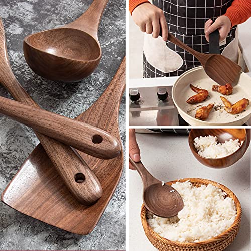 Standcn Wooden Kitchen Utensils Set for Cooking, 5 PCS Natural Black Walnut Wood Spoons Spatulas