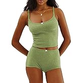 RUEWEY Women Floral Pajama Set Spaghetti Strap Lace Cami Crop Tops and Shorts Knit Lounge Set 2 Piece Outfits