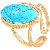 Kysin Chiys Geometric Oval Statement Ring Gold Retro Turquoise Tiger Eye Adjustable Open Band Wrap Finger Rings Fit Boho Vintage Wedding Engagement Jewelry for Women