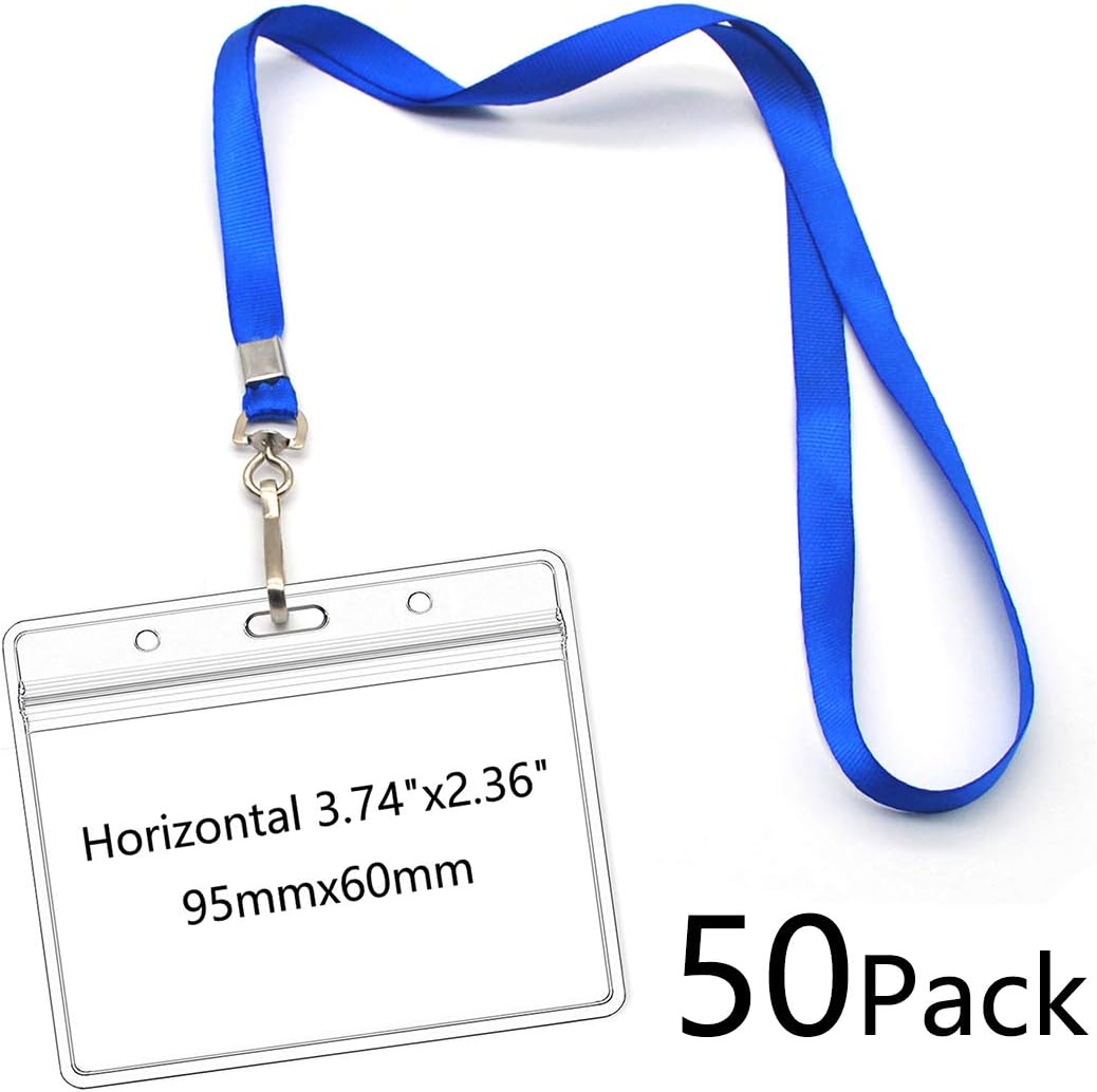 Waterproof Name tag Badge Holders with Neck Lanyard Swivel J-Hook Clip 50 Pack (Horizontal 95x60mm)