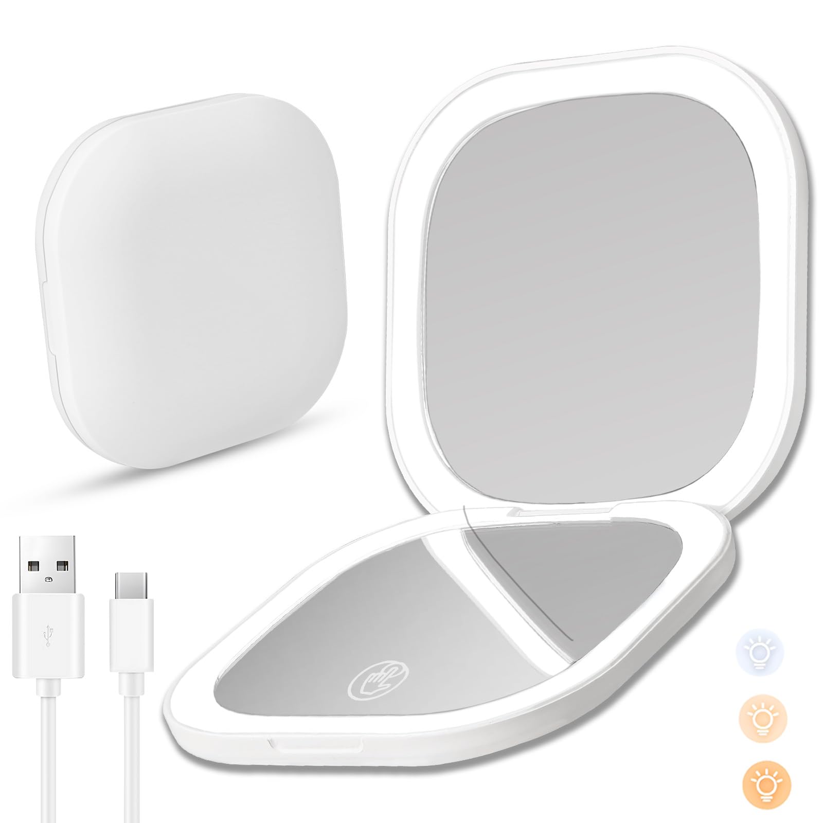 Yomaido Magnifying Compact Mirror with Light, Travel Makeup Mirror USB Rechargeable 1X/3X with 24LEDs Dimmable, Portable Folding Mirror for Handbag Pocket, Present for Women Travel Essentials - White