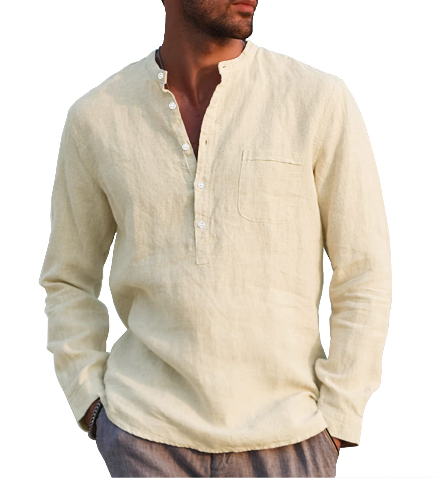 URRU Men's Linen Cotton Blend Henley Shirt Roll-up