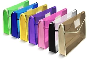 CASAON 7 Pack B4 Plastic File Folders Waterproof Transparent Expandable File Folder - Purple&Pink&Yellow&Green&White&Blue&Black