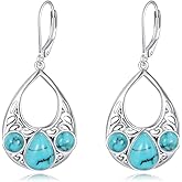 Lvoryance Genuine Turquoise Moissanite Dangle Earrings 925 Sterling Silver Teqrdrop/Round Turquoise Leverback Earrings Jewelry Gift for Women