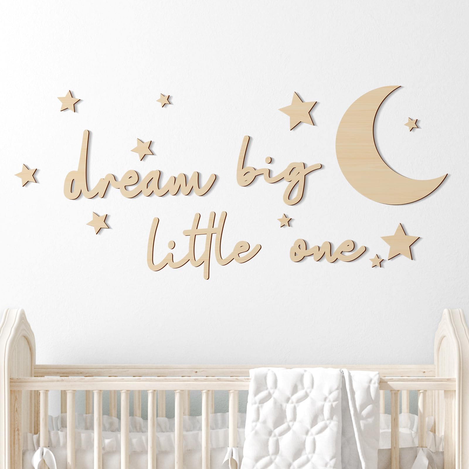 Photo 1 of Briwooody 15 Pcs Moon and Stars Nursery Decor Dream Big Little One Wall Decor Boho Neutral Babyroom Wall Art Nursery Sign for Boys Girls Bedroom Home Farmhouse Living Playroom(Wood Color)