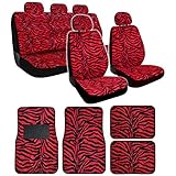 New Premium Grade 15 Pieces RED Zebra Print Low Back Front Car Seat Cover Rear Bench Cover and 4 Pieces Floor Mats Set
