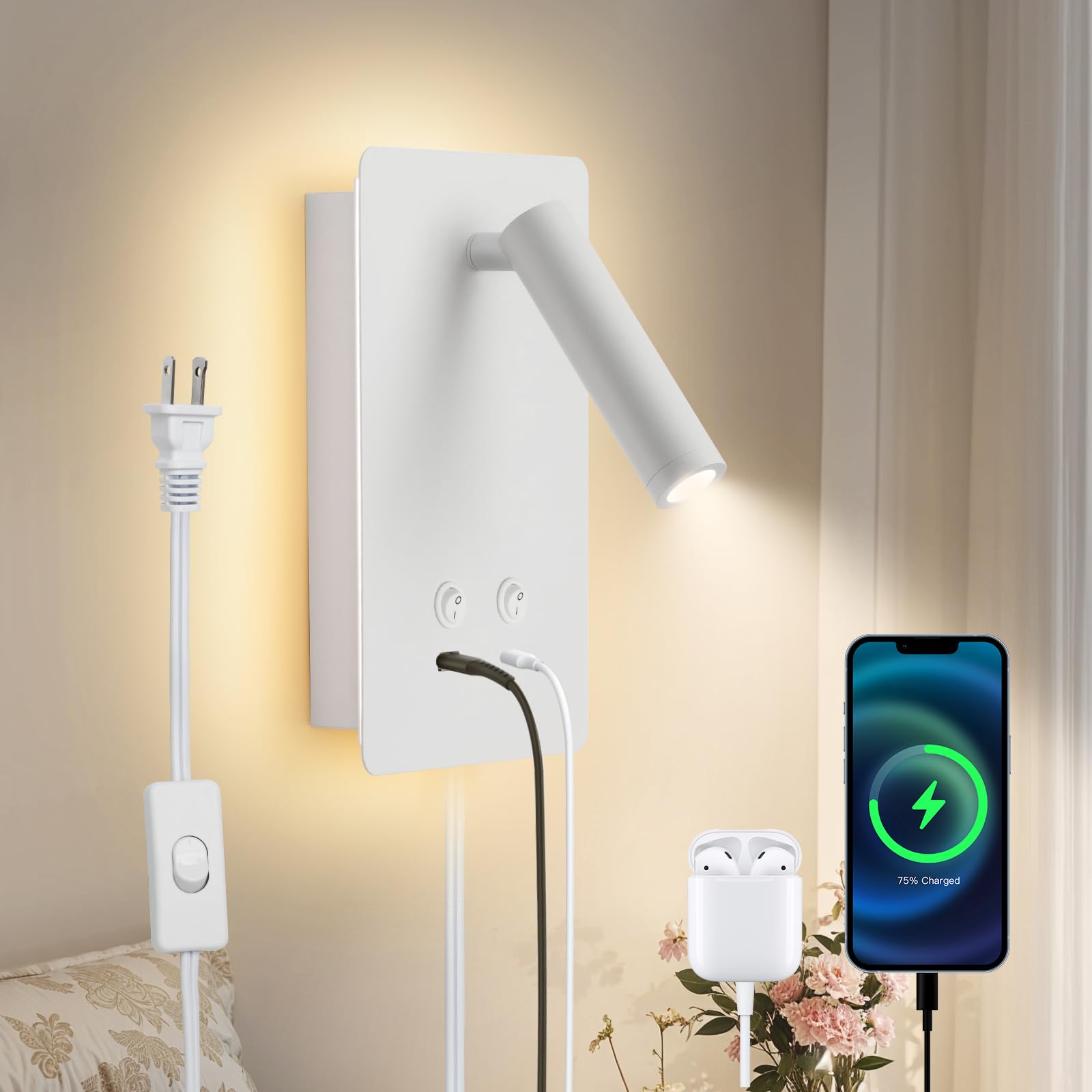Photo 1 of OTeedo LED Wall Mounted Reading Light for Bedroom,Adjustable Headboard Wall Sconce with USB+Type-c Charging Ports Wall Lamp,Plug in Bedside Lamp with 9W+3W Spotlight Night Light 3000K White