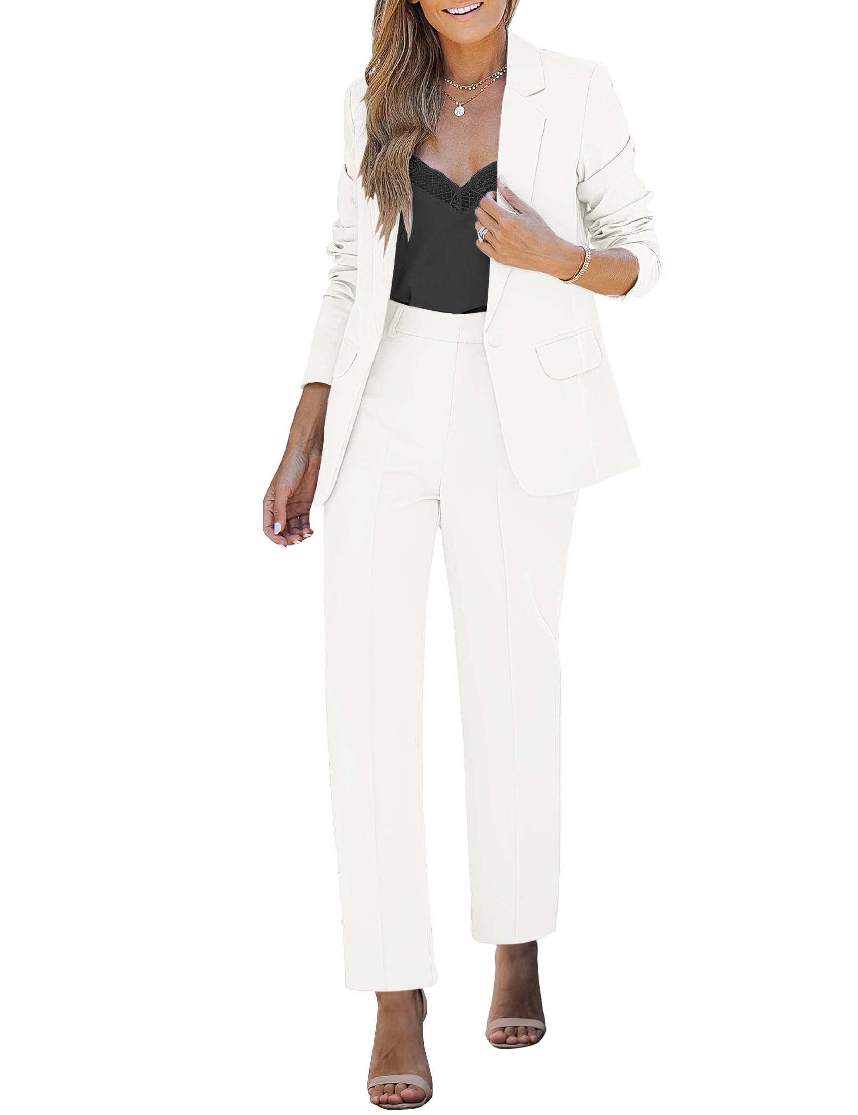 Photo 1 of luvamia Women's Two Piece Sets Pants Suits Dressy Business Casual Outfits Professional Blazer Pantsuits Set Work Office Cream White Small Fits Size 4-6
