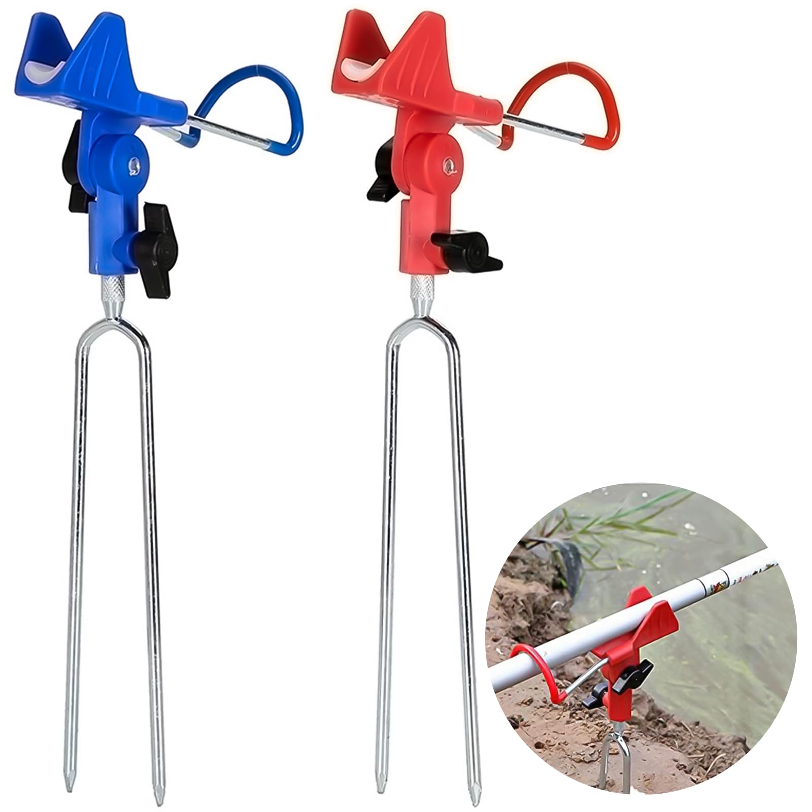TTYSHIP® Pack of 2 Fishing Rod Holders, 360° Adjustable Stainless Steel Fishing Accessories, Fishing Rod Holder for River Fishing, Beach Fishing (Red, Blue)