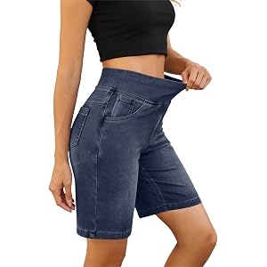 Bacrelax Bermuda Jean Shorts Women,Elastic High Waisted Tummy Control Stretchy Pull On Denim Shorts Knee Length Jorts Pockets