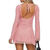 Yousify Women's Sexy Backless Mini Dress Sheer Mesh Bell Long Sleeve Tie Back Boat Neck Bodycon Club Party Dresses