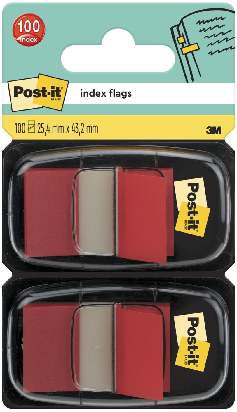 Post-it Index Flags, Medium, Red, 2 Dispensers 25.4 mm x 43.2 mm, 100 Flags - To Mark, Highlight or Color Code Important Information