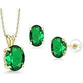 Gem Stone King 3.50 Cttw Oval Green Nano Emerald Pendant Earrings Set for Women | 14K Yellow Gold | Oval 10X8MM and 8X6MM | With 18 Inch Gold Chain