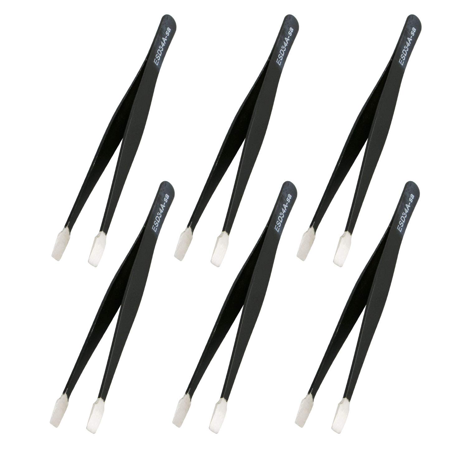 Aoje-Link ESD-34a Professional Anti-Static Technology Tweezers, Non-Magnetic Flat Straight, Stainless Steel Plastic Coated, Full Length 120mm, Black, 6pcs