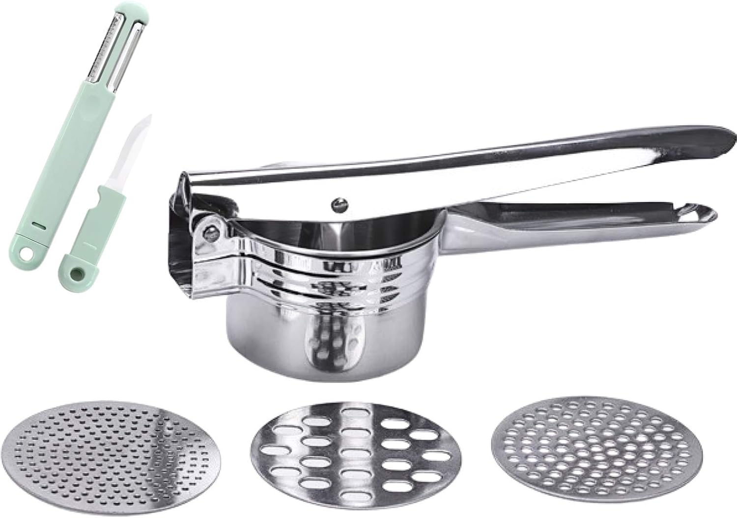 Menurto Potato Ricer with 3 Function Knife, Stainless Steel Potato Masher with 3 İnterchangeable Discs, Gnocchi Maker, Spaetzle Press, Easy to Use Hand Press for Baby Food, Cauliflower, Potatoes