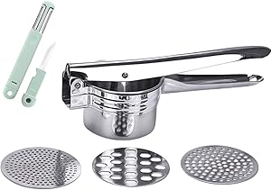 Menurto Potato Ricer with 3 Function Knife, Stainless Steel Potato Masher with 3 İnterchangeable Discs, Gnocchi Maker, Spaetzle Press, Easy to Use Hand Press for Baby Food, Cauliflower, Potatoes