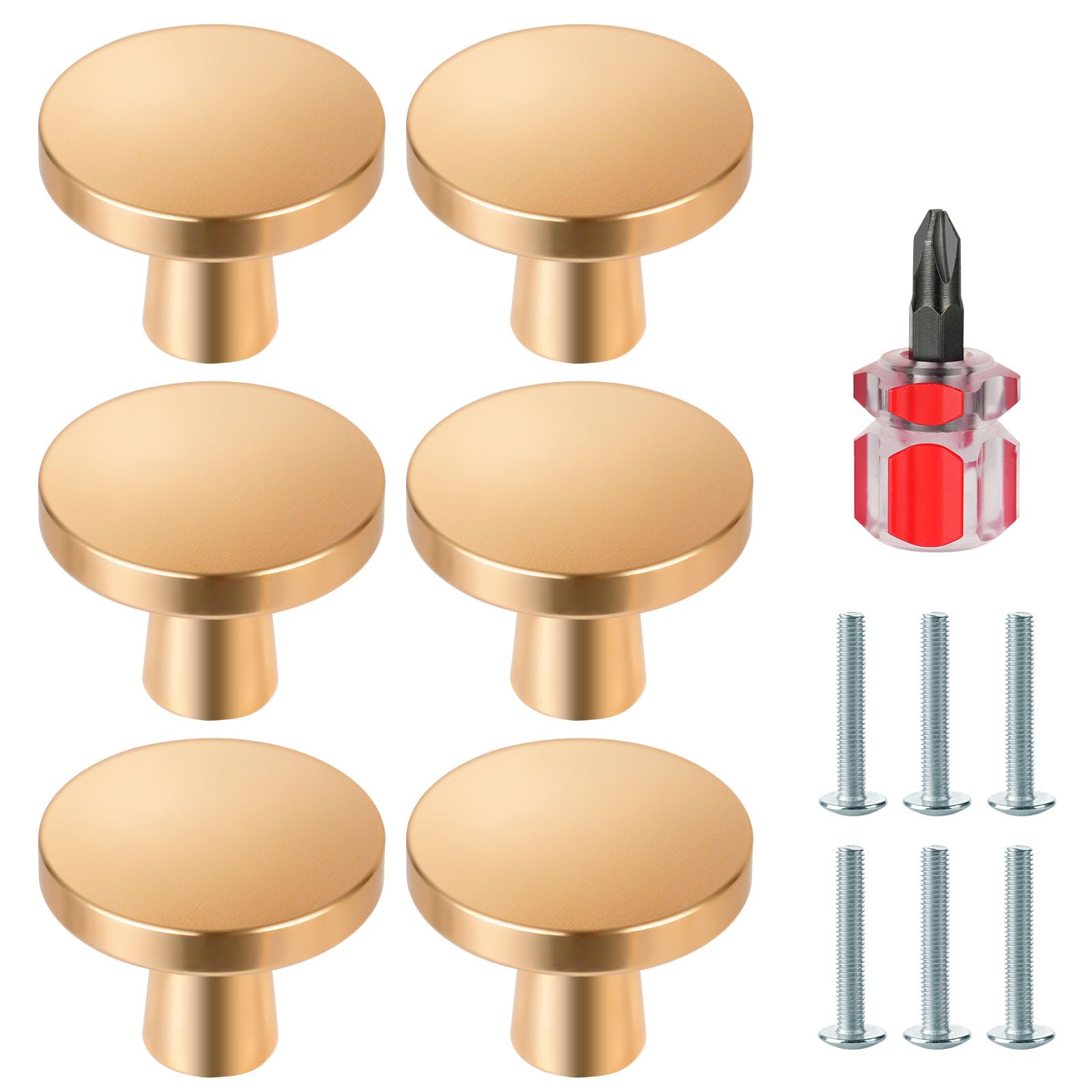 Ainiv 6-Piece Round Aluminum Cabinet Knobs - 30mm Gold Mushroom Dresser Handles with Screws for Kitchen & Bathroom
