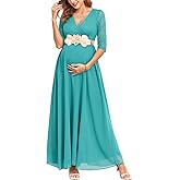 AISWI 3/4 Sleeve Maternity Dress Leaf Lace Contrast Chiffon V Neck Wrap A Line Flowy Pregnancy Dresses for Baby Shower