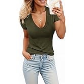 Womens Summer Sexy Short Sleeve Tshirt Tops Deep V Neck Shirts Casual Slim Fit Basic T-Shirt Tee