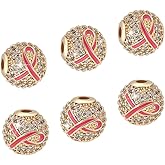 PH PandaHall 6pcs Micro Pave Cubic Zirconia Beads, 10mm Round Gold Rhinestone Beads, Breast Cancer Awareness Ribbon Design, Hole: 2mm