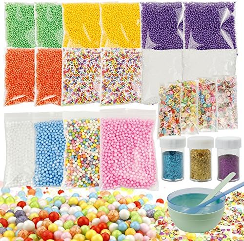 NEWFUN Slime Foam Beads and Fruit Slices with Slime Tool Glitter Shake Jars Colorful Balls for Art Craft Slime Making Kit Wedding and Party Decoration Foam Balls for DIY 16 Pack