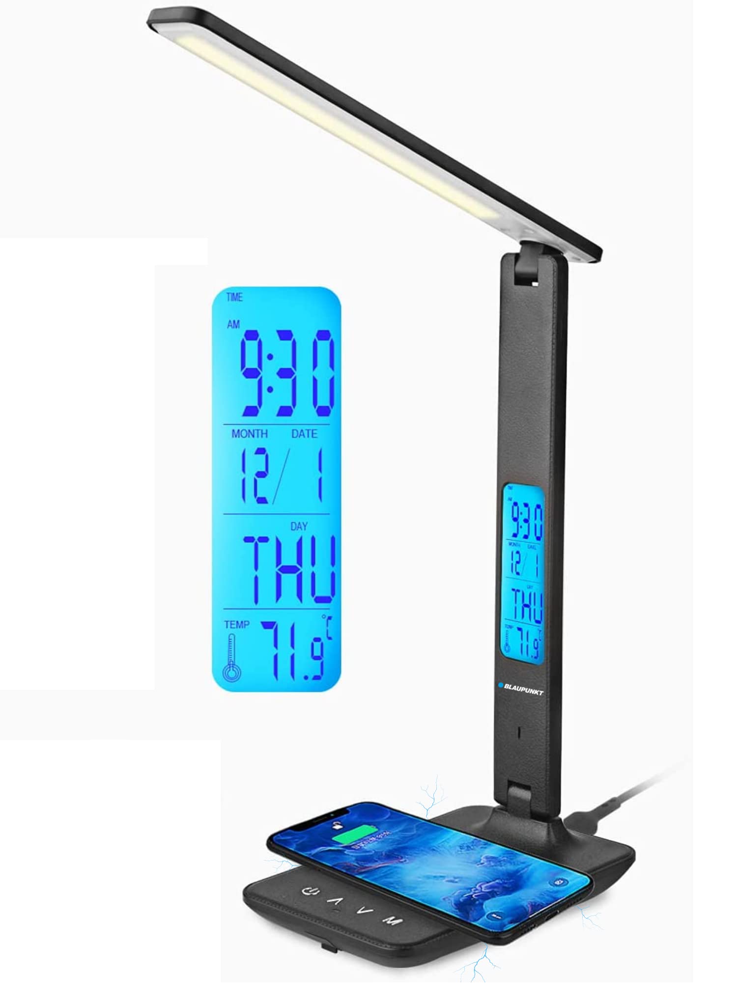 BLAUPUNKT Black LED Desk Lamp, Wireless Phone Charger, USB, Dimmable Table Lamp with 5 Colour Modes, Adjustable Arm, LCD Display, Clock Calendar Temperature, Easy to Use - EU Plug Point