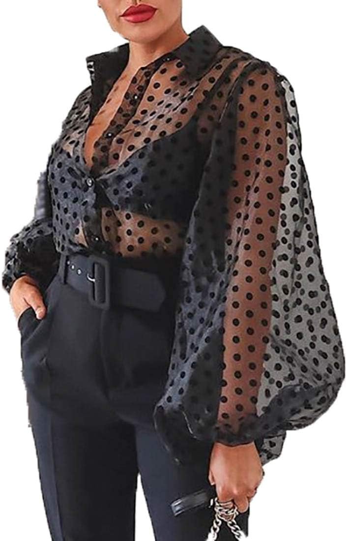 jumpjisper Women‘s Button Down Sheer See-Through Long Puff Sleeve TopsChiffon Casual Blouse Club T Shirts