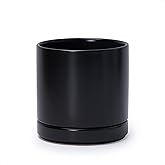 D'vine Dev 6.5 Inch Ceramic Planter Pot with Drainage Hole and Saucer, Indoor Cylinder Round Flower Pot, Black, 94-O-C-2