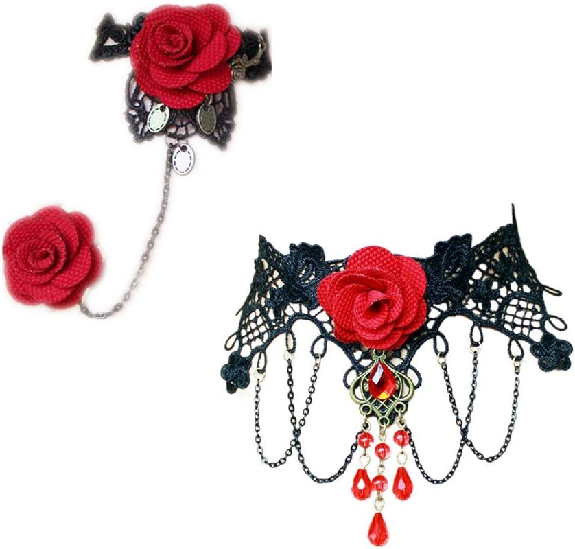 Lefinis Handmade Gothic Retro Lace Slave Bracelet Ring Set Red Rose Flowers Wristband