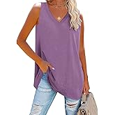 Fisoew Women V Neck Tank Tops Summer Loose Casual Basic Solid Color Sleeveless Shirts Tunic Tops