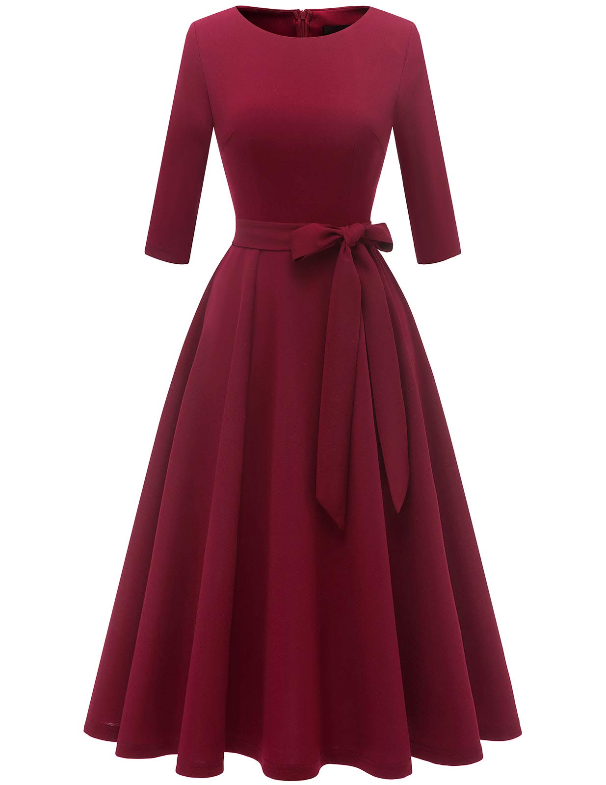 Photo 1 of DRESSTELLS Vintage Formal Dress for Women, Wedding Guest Dresses Knee Length, 3/4 Sleeve Fit and Flare, Cocktail Party Prom Valentines, 2025 Spring, Plus Size Burgundy 3XL