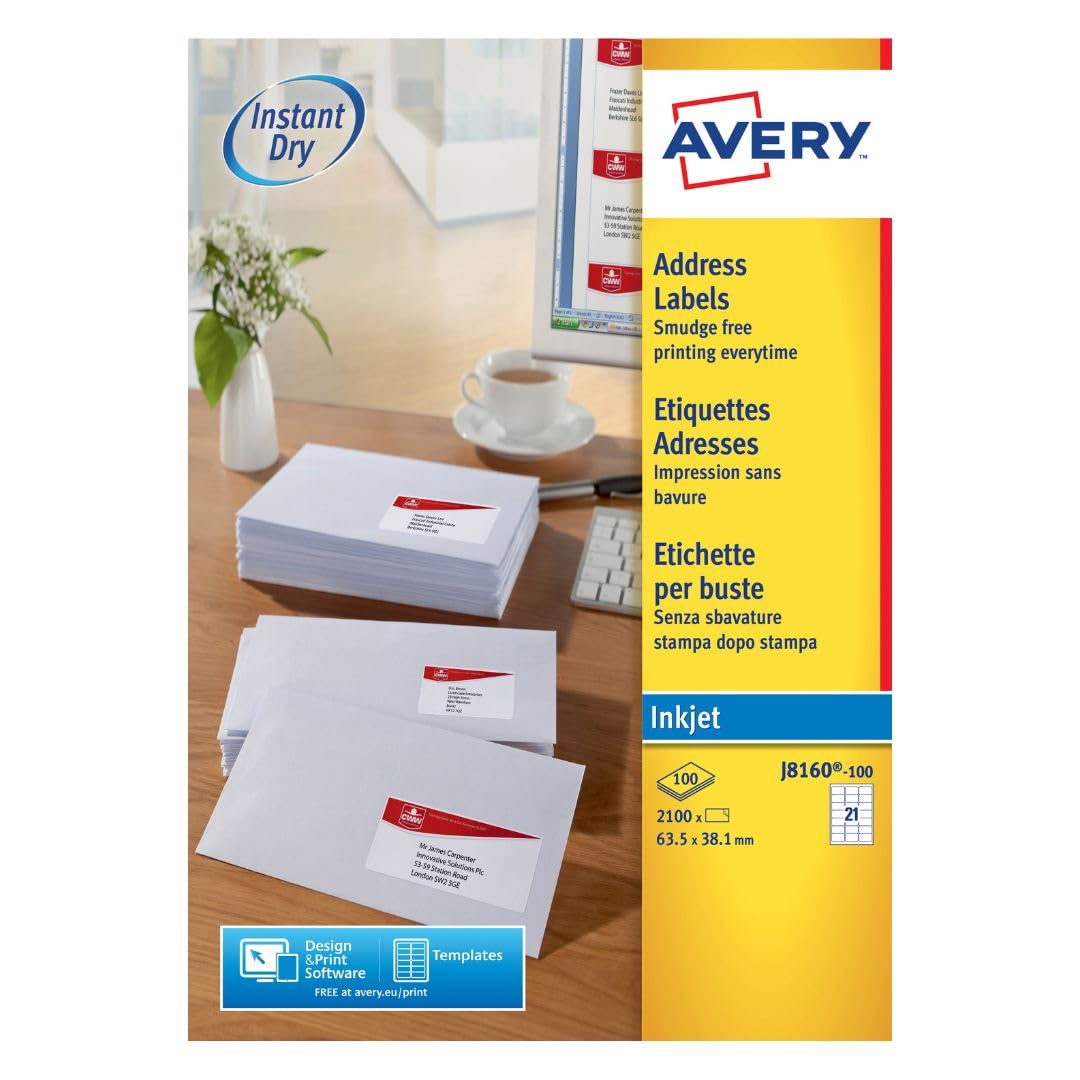 Avery Smudge Free, Printable, Address Labels, Quickdry, 63.5 x 38.1 mm, White, 21 Labels per Sheet, 2100 Blank Labels per Pack (J8160-100)