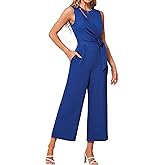 JASAMBAC Women's Jumpsuits Sleeveless Dressy Scoop Neck Cutout Ruched Romper Tummy Control Playsuit Casual with Pockets