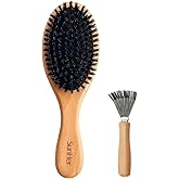 SunHer Soft Boar Bristle Hair Brush with Brush Cleaner -100% Natural Bristle Wooden Hairbrush for Women Men Short Thin Curly Hair