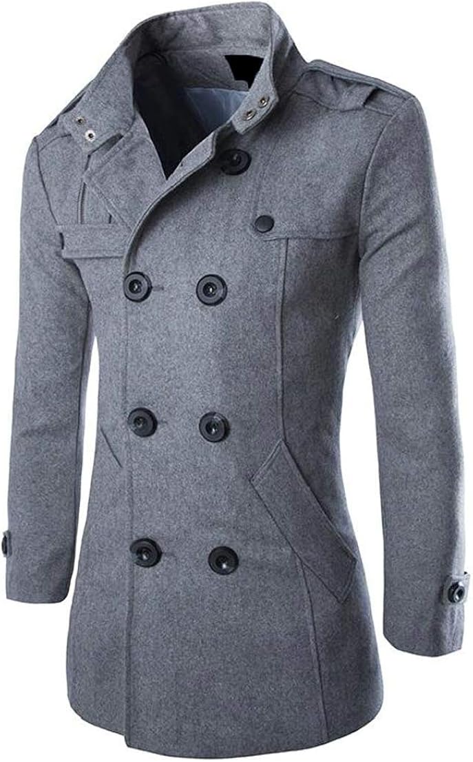 Generic Mens Stand Collar DoubleBreasted Slim Woolen Trench Coat Grey