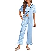 Ekouaer Silk Pajamas for Women Satin Short Sleeve Pajamas Set with Ruffle 2 Pieces Button Down Tops and Pants