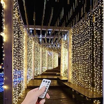 SZXKT UL Safe 300 LED 9.8FT Linkable Curtain Lights Icicle Lights Fairy String Lights with 8 Modes for Christmas Wedding Party Family Patio Lawn Decoration (Warm White)
