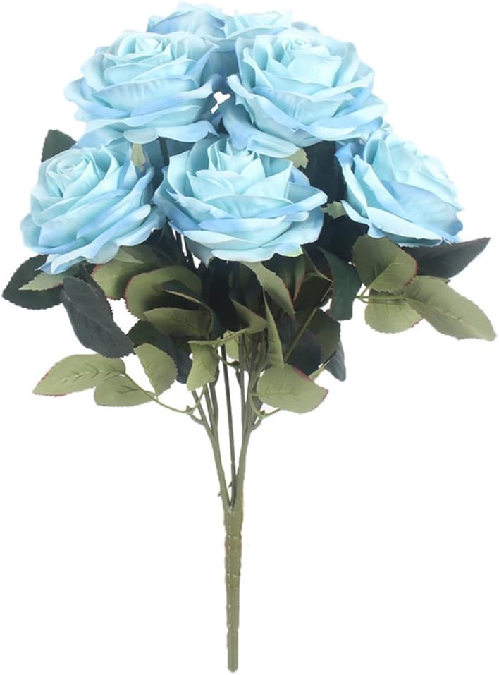 JAROWN 10 Heads French Artificial Rose Silk Flowers Bouquet Arrangement for Wedding Home Decor Party Accessory Flores (Light Blue)