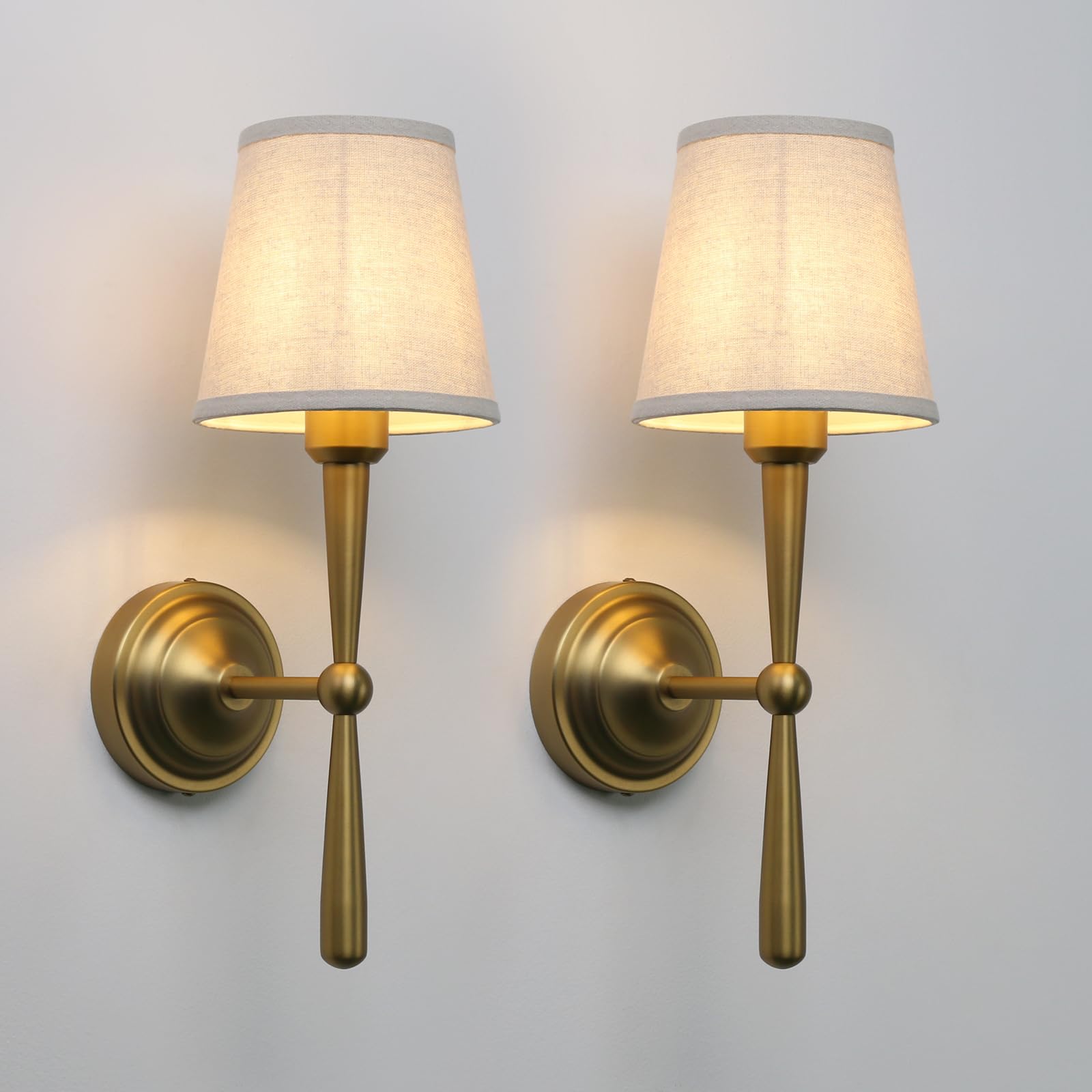 Photo 1 of Yosoan Brass Linen Shade Bedside Vanity Wall Sconce Set of 2, Vintage Industrial Hardwired Indoor Boho Gold Wall Mounted with Funnel Textile for Bedroom Stairwell Hallway (Antique)