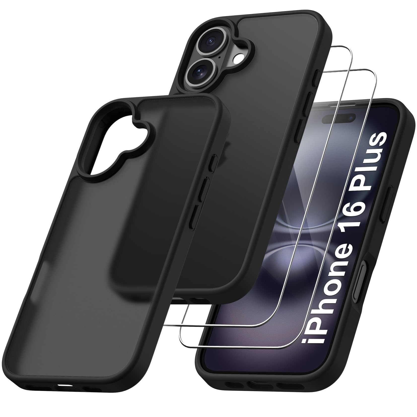Qasyfanc Matt Cover Case Compatible with iPhone 16 Plus 6.7" with 2 Pack Tempered Glass Screen Protector, Non-Yellowing Shockproof Phone Bumper Cover Hard PC Anti-Scratch Case Black