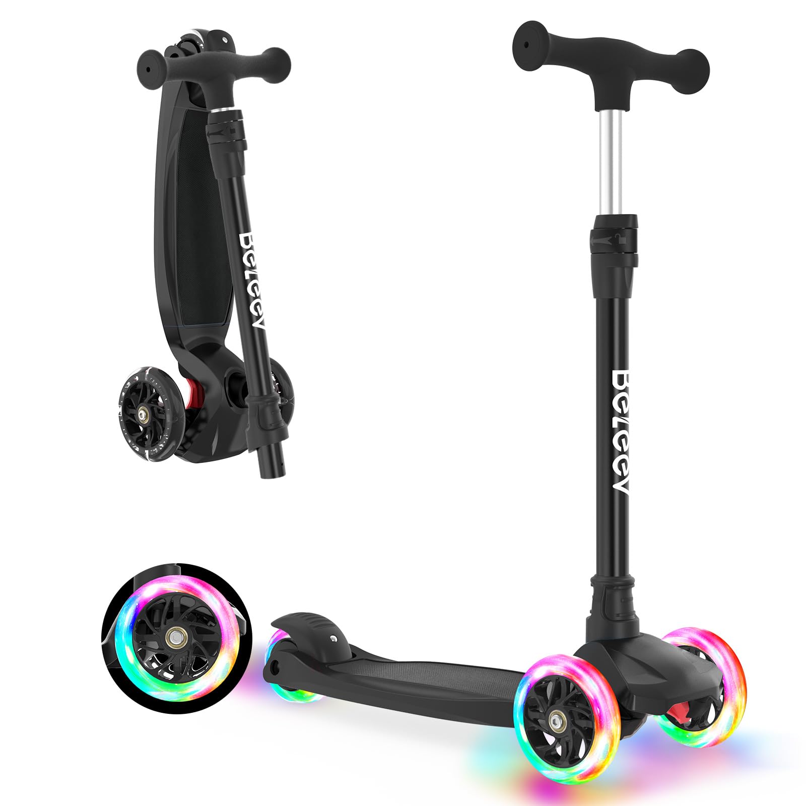 BELEEV A3 Scooter for Kids Ages 3-12, 3 Wheel Scooter for Girls Boys, Kid Scooters with Light-Up Wheels, 5 Adjustable Height, Lean to Steer, Extra-Wide Deck(Black)