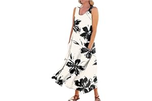 FONMA Summer Dress for Women 2024 Plus Size Sundress Floral Crewneck Sleeveless Dress Cotton Linen Beach Dress with Pockets