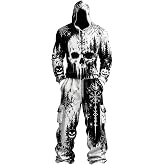 KHDNJWQGW Men Halloween Skeleton Costume 2 Piece Tracksuit Funny Scary Skull Print Hoodie Sweatshirt Jogger Pants