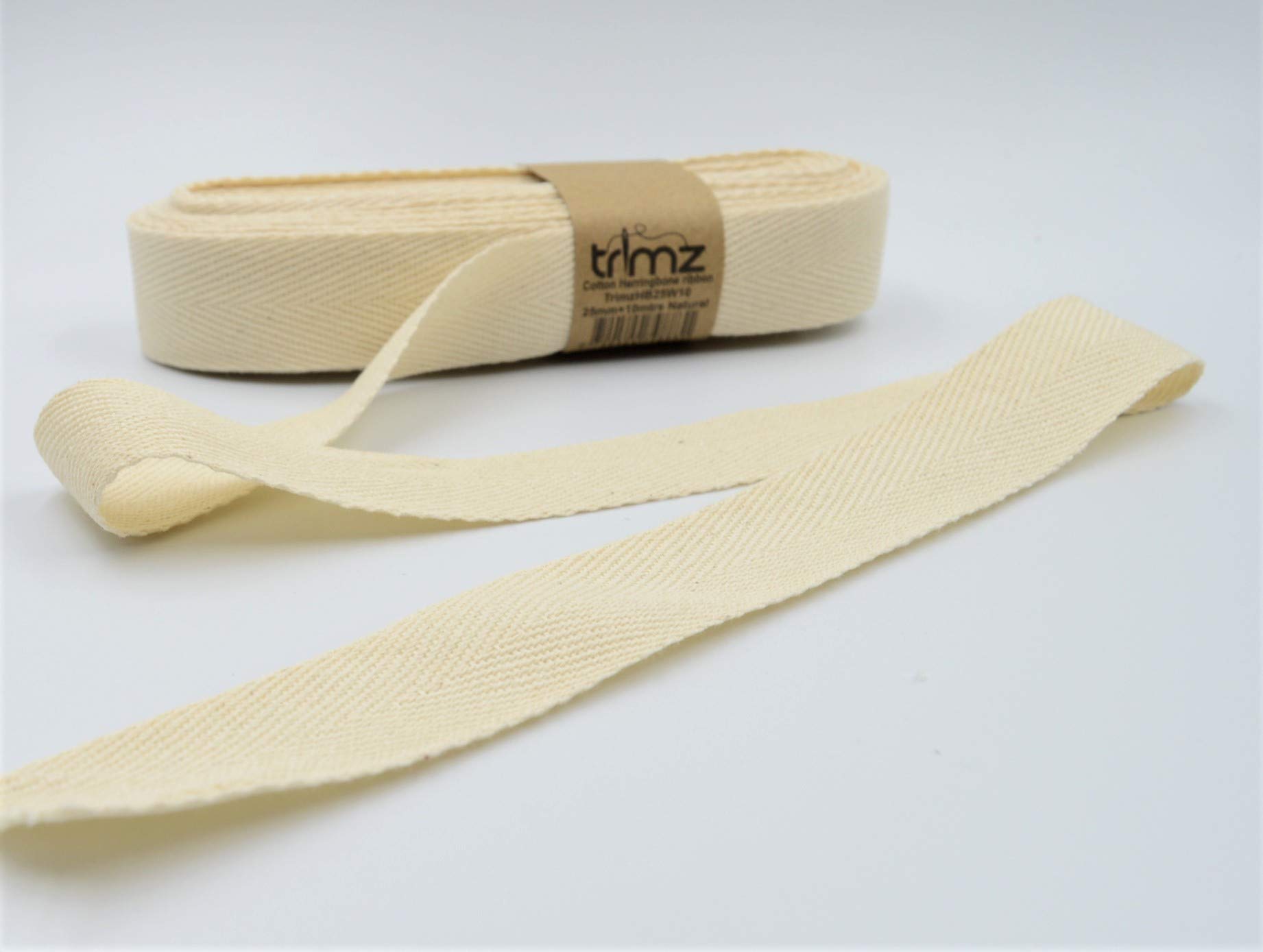 25mm x 10m: Trimz Natural Cotton Herringbone Tape 25mm x 10m | Medium Craft Ribbon | Sewing, Decorative Crafts, DIY Projects — image 1
