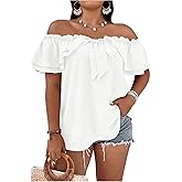 MakeMeChic Women's Plus Size Off Shoulder Top Tie Front Layered Ruffle Short Sleeve Blouse Top