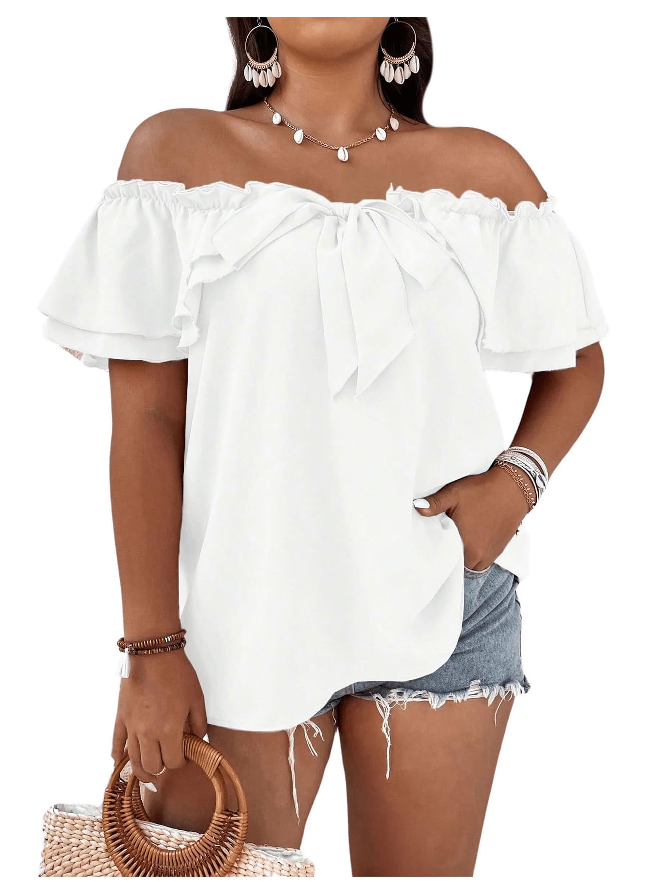 Photo 1 of MakeMeChic Women's Plus Size Off Shoulder Tie Front Layered Ruffle Short Sleeve Blouse Top White 1X-Large Plus
