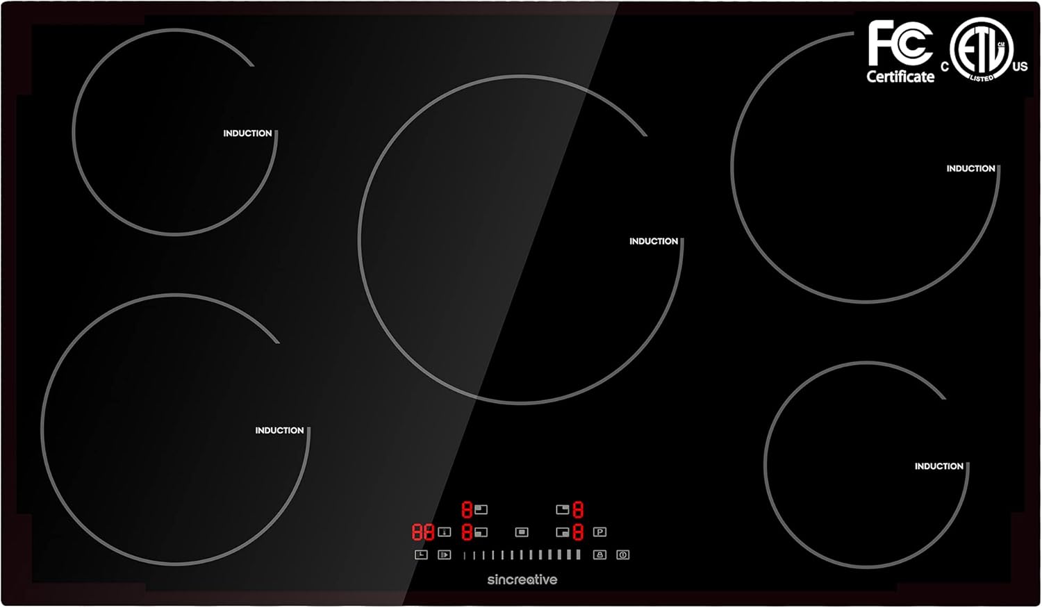 36 Inch Induction Cooktop, Electric Cooktop with 5 Burners Drop-in Electric Stovetop 240V Smoothtop Ceramic Glass Induction Burner with Timer, Kids Lock, 9 Heating Level, ETL & FCC Certificated: Appliances