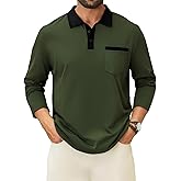 LuxMania Men's Casual Long Sleeve Polo Shirts Cotton Polos T Shirt Classic Button Collared Golf Shirt with Pocket