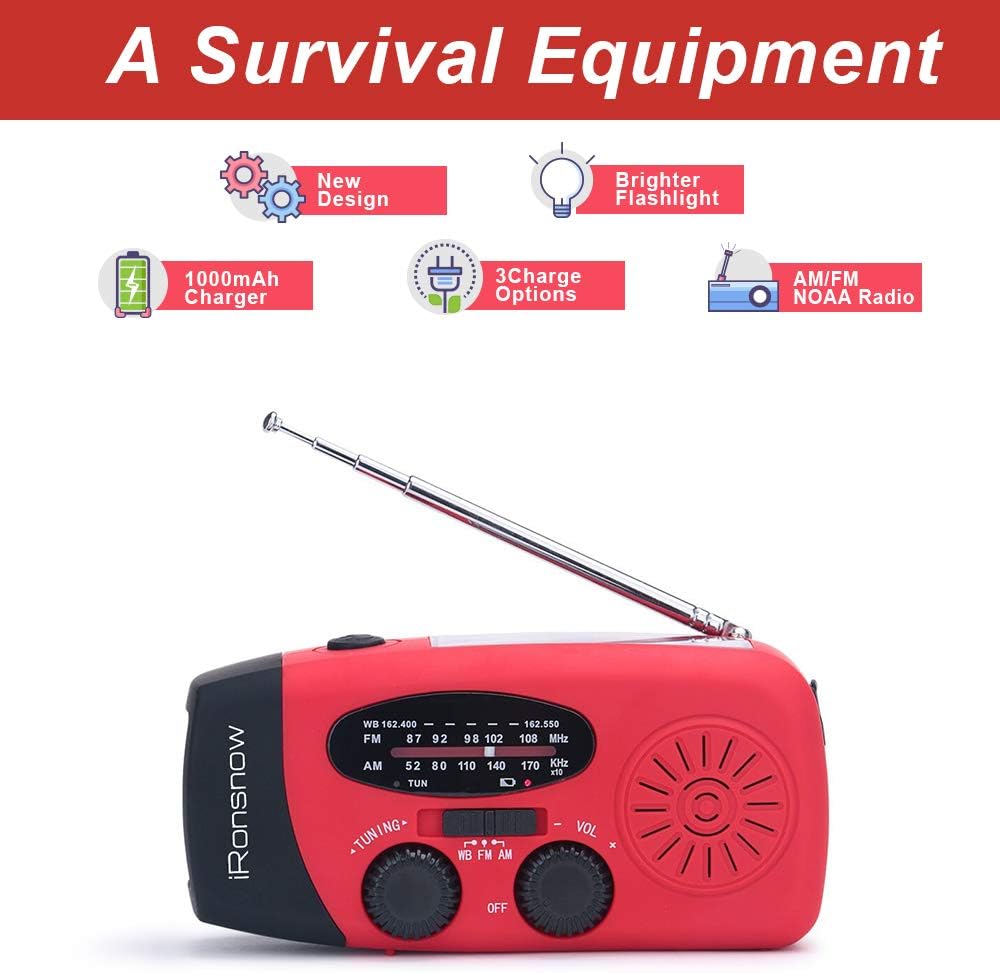 (Classic Creator) iRonsnow Solar Emergency NOAA Weather Radio Dynamo Hand Crank Self Powered AM FM WB Radios 3 LED Flashlight 1000mAh Smart Phone Charger Power Bank(Red): Electronics